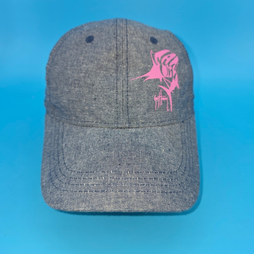 Guy Harvey Blue Chambray Wild One Pink Marlin Fishing Baseball Hat Adjustable